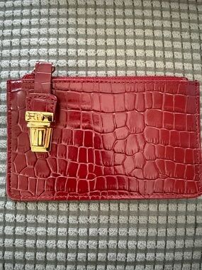 Etienne Aigner Leather ID Holder Zippered Pouch Burgundy Embossed Wallet